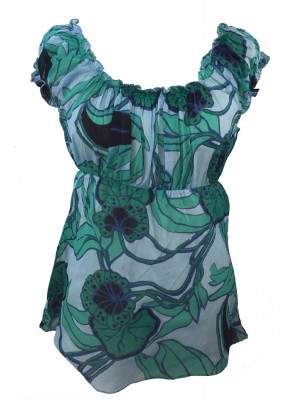 Lovely Blue / Green Floaty Bold Floral Print Emily Blouse - On the shoulder or off the Shoulder - Fair Trade 100% Cotton Lovely Blue / Green Floaty Bold Floral Print Emily Blouse - On the shoulder or off the Shoulder - Fair Trade 100% Cotton