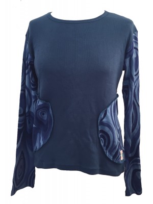 Fair Trade Blue Jersey Cotton Retro Spiral Ladies Long Sleeve Top 
