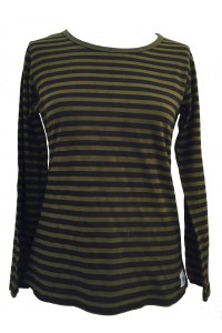 Fair Trade 100% Cotton Classic Stripey Green / Black Ladies Long Sleeve Fitted T Shirt