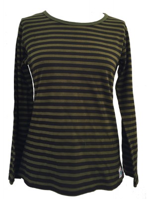 Fair Trade 100% Cotton Classic Stripey Green / Black Ladies Long Sleeve Fitted T Shirt