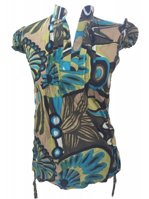 Bold Geometric Print Blue / Green Lucinda Blouse featuring Mandarin Collar - Perfect for Work or Going Out- Fair Trade 100% Cotton Bold Geometric Print Blue / Green Lucinda Blouse featuring Mandarin Collar - Perfect for Work or Going Out- Fair Trade 100% Cotton