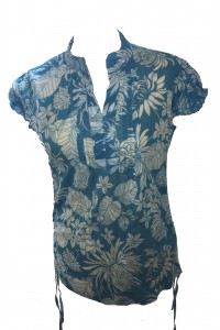 Bold Tropical Print Blue White Lucinda Blouse featuring Mandarin Collar -  Perfect for Work or Going Out- Fair Trade 100% Cotton