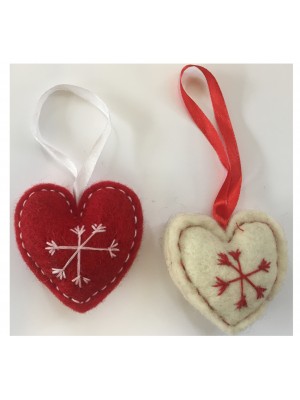 Fair Trade Felt Red & White Heart Christmas Decorations - Set of 2