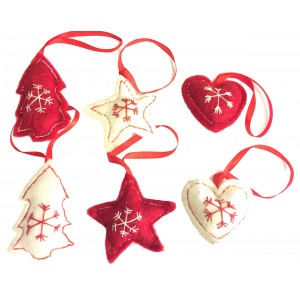 Fair Trade Felt Red & White Christmas Tree Decorations - Set of 6