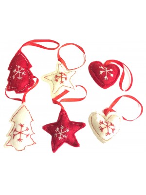 Fair Trade Felt Red & White Christmas Tree Decorations - Set of 6