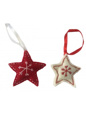 Fair Trade Felt Red & White Star Christmas Decorations - Set of 2