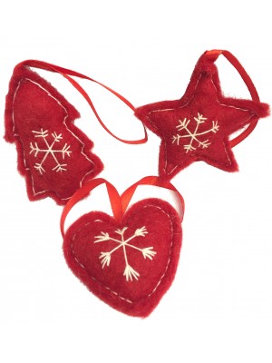Fair Trade Felt Red & White Christmas Tree Decorations - Set of 3