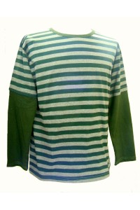 Fair Trade 100% Cotton Classic Stripey Green / Grey Mens Long Sleeve T Shirt