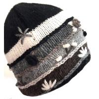 Black & White Hand Embroidered Hand Knit Wool Beanie Hat - Fair Trade - Fleece Lined Toasty Warm