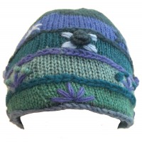 Shades of Blue Hand Embroidered Hand Knit Wool Beanie Hat - Fair Trade - Fleece Lined Toasty Warm