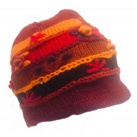 Shades of Red Hand Embroidered Hand Knit Wool Beanie Hat - Fair Trade - Fleece Lined Toasty Warm