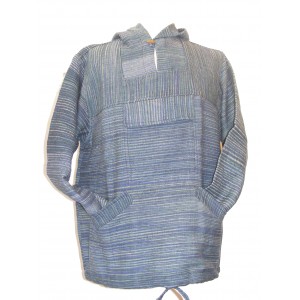 Handspun Cotton Nepalese Baja Jerga Style Hoodie - Blue / Green Stripes - Fair Trade