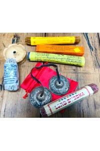 Tibetan Meditation Gift Set contains Lord Buddha, Orange Healing, Resheswor Monastery & Astasugandha Rope Incense plus incense holder, Tingsha Bells and Prayer Flags