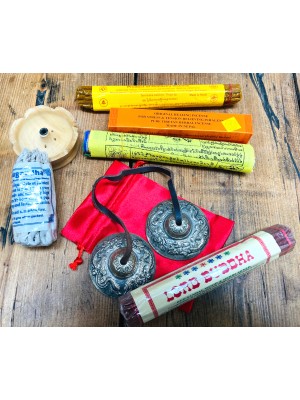 Tibetan Meditation Gift Set contains Lord Buddha, Orange Healing, Resheswor Monastery & Astasugandha Rope Incense plus incense holder, Tingsha Bells and Prayer Flags