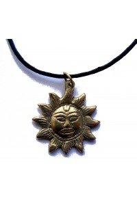Hand Cast Bronze sun pendant necklace on adjustable waxed cotton cord. Handmade in Kathmandu