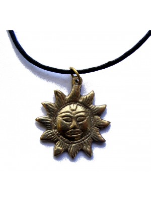 Hand Cast Bronze sun pendant necklace on adjustable waxed cotton cord. Handmade in Kathmandu