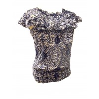 100% Floaty Cotton Ruffle Collar Blue / White Jasmine Print Blouse - Fair Trade