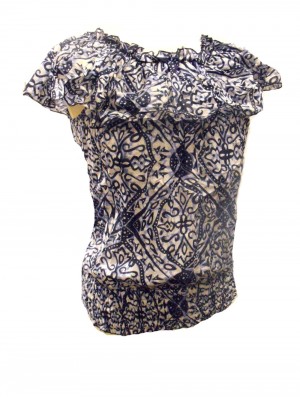 100% Floaty Cotton Ruffle Collar Blue / White Jasmine Print Blouse - Fair Trade 100% Floaty Cotton Ruffle Collar Blue / White Jasmine Print Blouse - Fair Trade