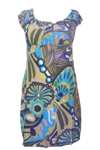 100% Soft Cotton Short Blue / Green Shelley Bold Patterned Summer Dress / Long Top - Fair Trade 