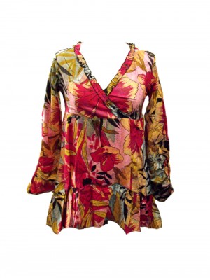 Ethnic Bold Flower Print Pale Blue & Pink Abbie Blouse - Fair Trade 100% Cotton Ethnic Bold Flower Print Pale Blue & Pink Abbie Blouse - Fair Trade 100% Cotton