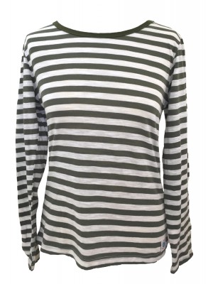 Fair Trade 100% Cotton Classic Stripey Green / White Ladies Long Sleeve Fitted T Shirt
