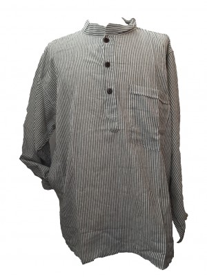 Black / White Striped 100% Cotton Collarless Grandad Shirt - Fairtrade