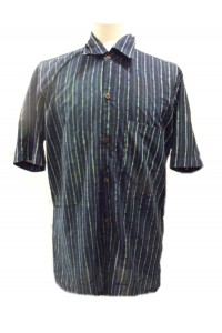 Blue / Green Striped Blockprint Cotton Mens Short Sleeve Shirt - Fair Trade