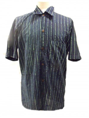 Blue / Green Striped Blockprint Cotton Mens Short Sleeve Shirt - Fair Trade