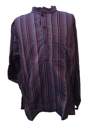 Purple / Blue / Red Striped 100% Cotton Collarless Grandad Shirt - Fairtrade
