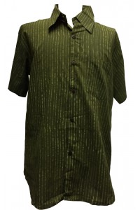 Light Green / Dark Green Striped Blockprint Cotton Mens Short Sleeve Shirt - Fair Trade