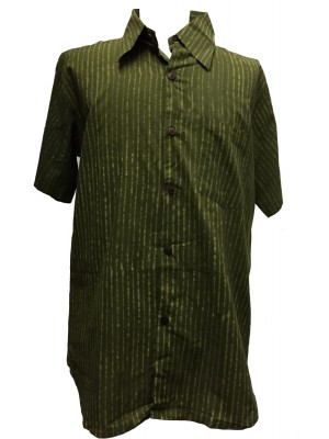 Light Green / Dark Green Striped Blockprint Cotton Mens Short Sleeve Shirt - Fair Trade Light Green / Dark Green Striped Blockprint Cotton Mens Short Sleeve Shirt - Fair Trade
