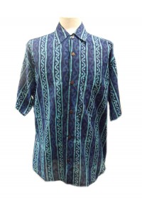 Blue Turquoise Wavy Blockprint Cotton Mens Short Sleeve Shirt - Fair Trade