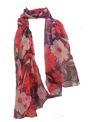 Fair Trade Red and Brown Flower Design Floaty Chiffon Scarf