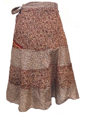 Fair Trade Short Sari Silk Reversible Tiered Wrap Skirt - Brown Tiered Design Fair Trade Short Sari Silk Reversible Tiered Wrap Skirt - Brown Tiered Design