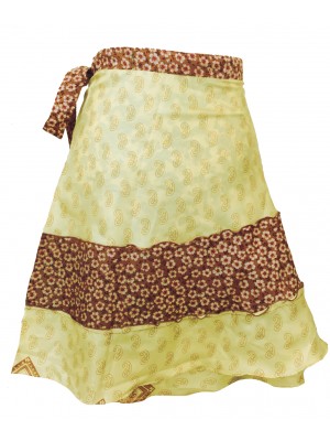 Fair Trade Short Sari Silk Reversible Tiered Wrap Skirt - Yellow / Green Design Fair Trade Short Sari Silk Reversible Tiered Wrap Skirt - Yellow / Green Design