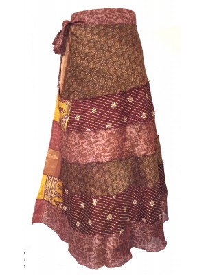 Fair Trade Tiered Full Length Sari Silk Reversible Wrap Skirt - Yellow / Brown Design Fair Trade Tiered Full Length Sari Silk Reversible Wrap Skirt - Yellow / Brown Design