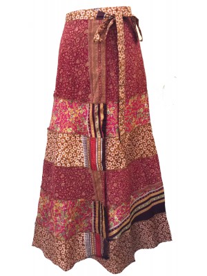 Fair Trade Tiered Full Length Sari Silk Reversible Wrap Skirt - Red / Pink Design Fair Trade Tiered Full Length Sari Silk Reversible Wrap Skirt - Red / Pink Design