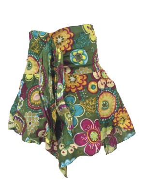 Fair Trade Colourful Short Cotton Belinda Elasticated  Jungli  Skirt - Olive