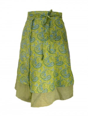 Fair Trade Double Layered Midi Length Swish Wrap Skirt - Lime with Pale Green Underskirt Fair Trade Double Layered Midi Length Swish Wrap Skirt - Lime with Pale Green Underskirt