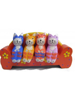Quirky Fair Trade Wooden Hand Painted Four Cats on a Sofa