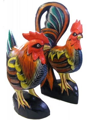 Wooden Cock & Hen / Chicken Statue / Carving / Ornament - Hand carved, Hand painted - Fair Trade