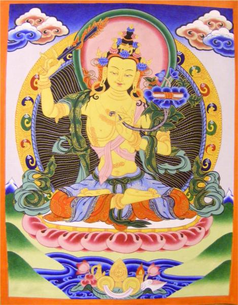 Original Vintage Tibetan Buddhist Thangka Painting - Majushri , Boddhisattva of Transcendent Wisdom - Fair Trade