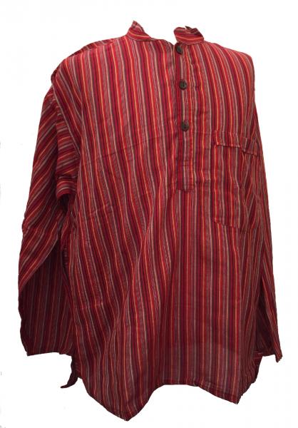 Red Striped 100% Cotton Collarless Grandad Shirt - Fairtrade