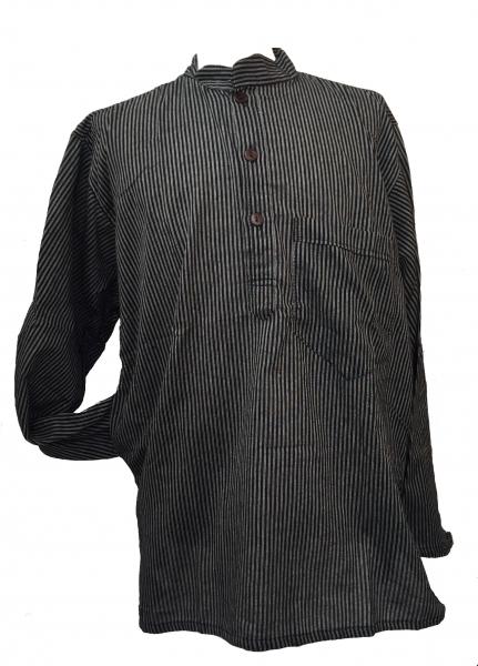 Black / Grey Striped 100% Cotton Collarless Grandad Shirt - Fairtrade