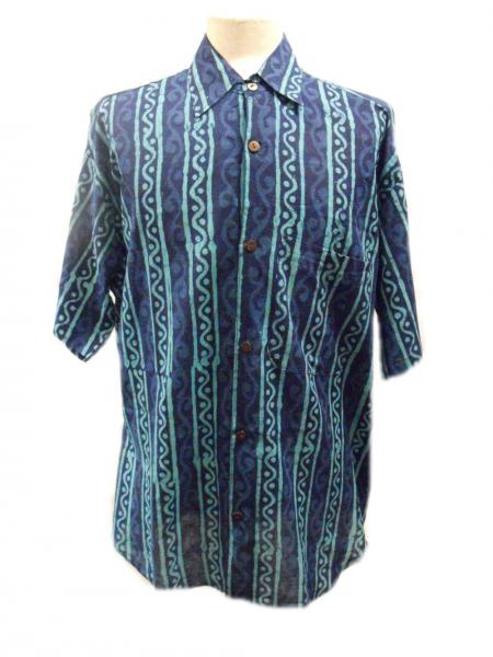 Blue Turquoise Wavy Blockprint Cotton Mens Short Sleeve Shirt - Fair Trade