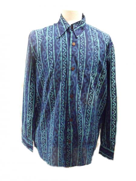 Blue Turquoise Wavy Blockprint Cotton Mens Long Sleeve Shirt - Fair Trade