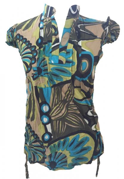 Bold Geometric Print Blue / Green  Lucinda Blouse featuring Mandarin Collar -  Perfect for Work or Going Out- Fair Trade 100% Cotton