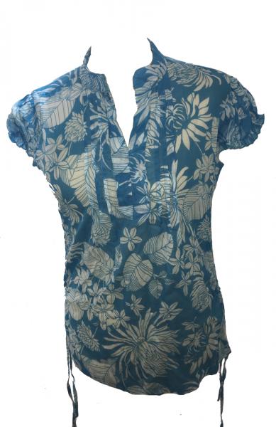 Bold Tropical Print Blue White Lucinda Blouse featuring Mandarin Collar -  Perfect for Work or Going Out- Fair Trade 100% Cotton