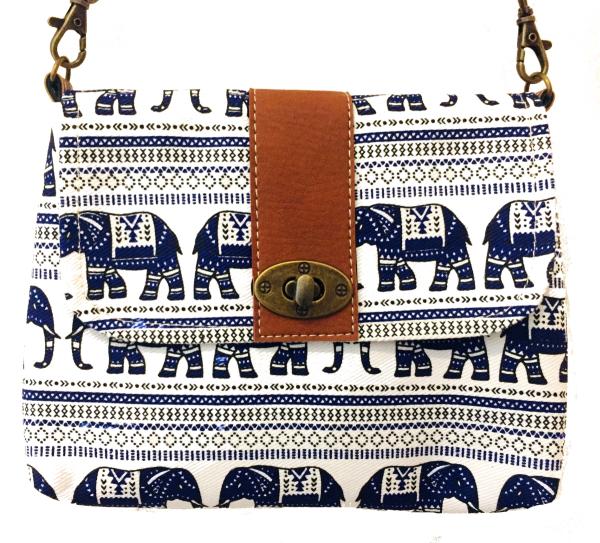 Vegan / Cruelty  Free Mini Hand Bag with detachable adjustable strap - Blue Elephants on White  Design - Fair Trade