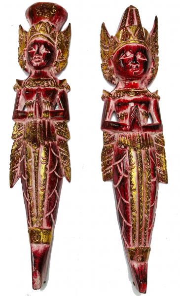 Pair of Large Rama and Sinta Wooden Figures / Carvings - Ruby Red - Fair Trade